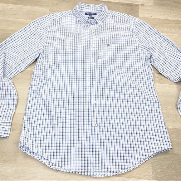 Tommy Hilfiger 80’s 2Ply Plaid Button Front Shirt Blue & White L - Picture 3 of 8